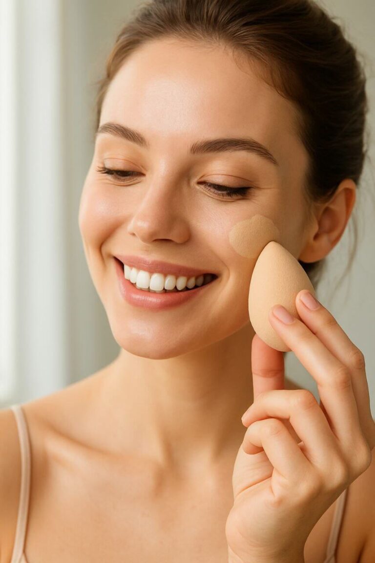 Woman applying foundation with makeup sponge for flawless skin