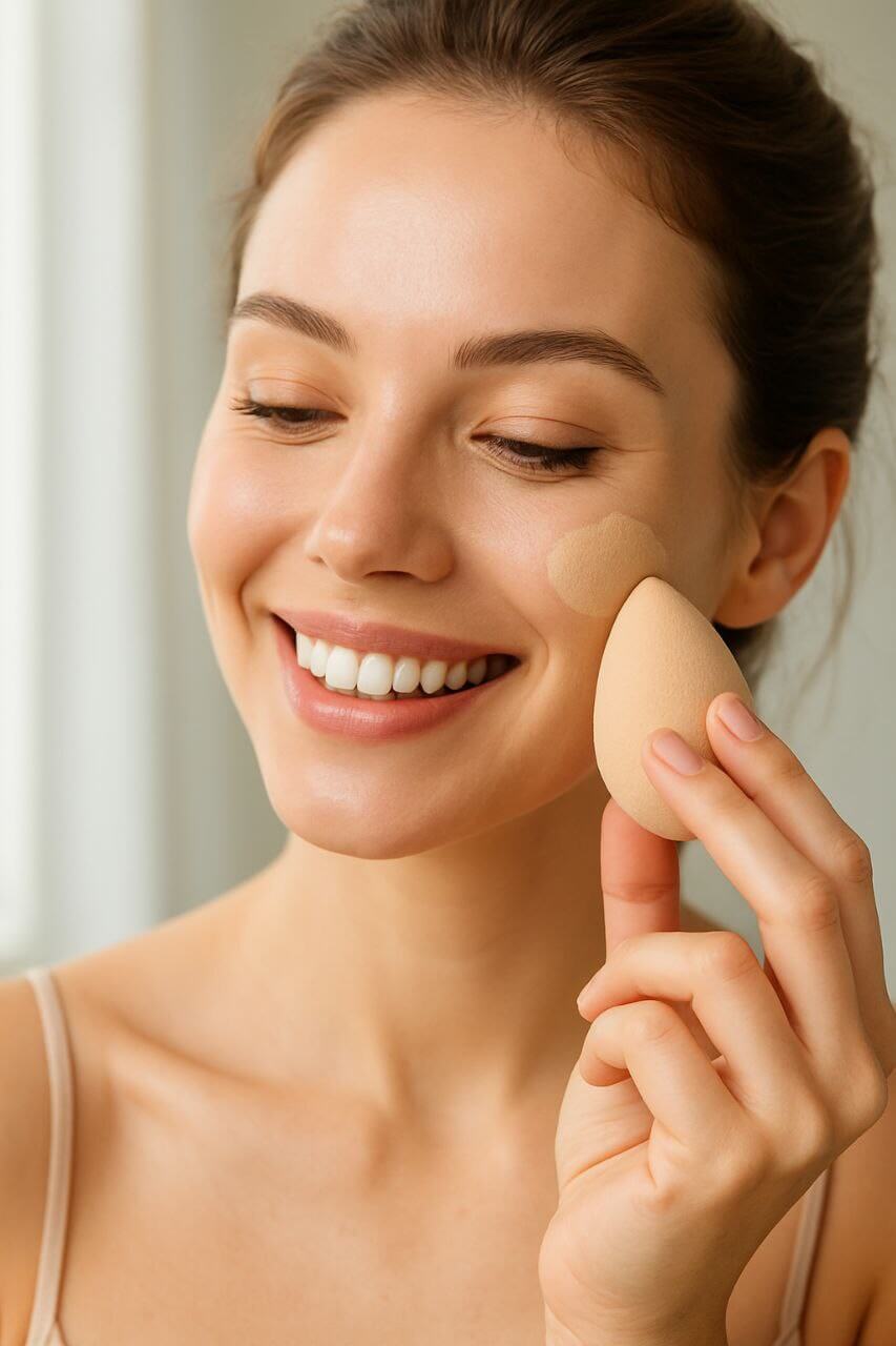 Woman applying foundation with makeup sponge for flawless skin