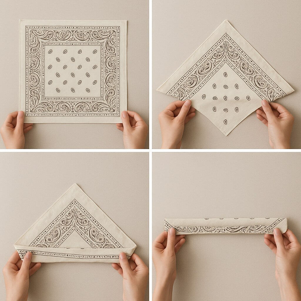 Step-by-step tutorial showing how to fold a bandana into a headband style. Hands folding a square bandana on a clean background.