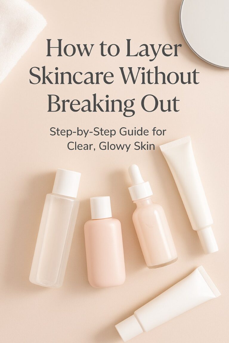 “Flat lay of layered skincare products with blog title text ‘How to Layer Skincare Without Breaking Out’ on a soft beige background”