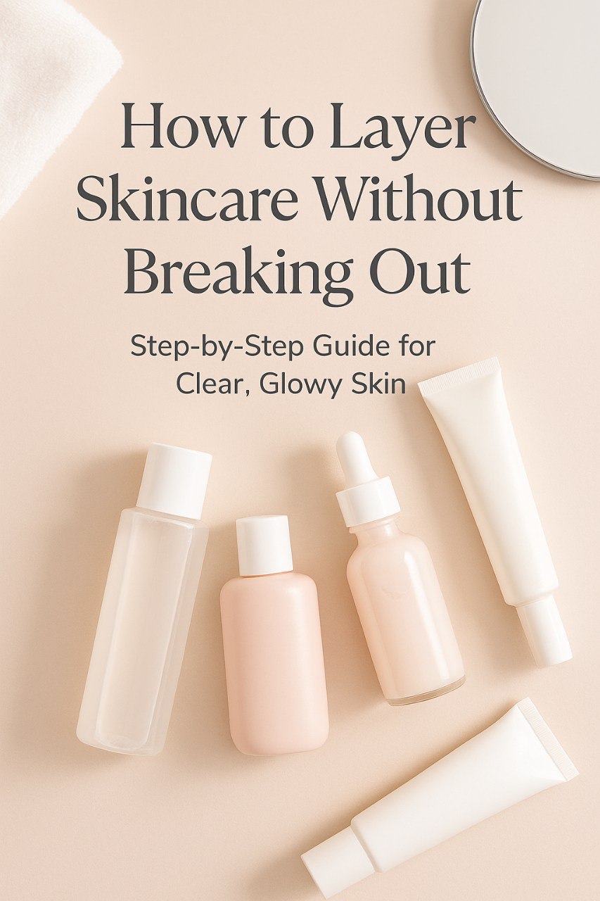 “Flat lay of layered skincare products with blog title text ‘How to Layer Skincare Without Breaking Out’ on a soft beige background”