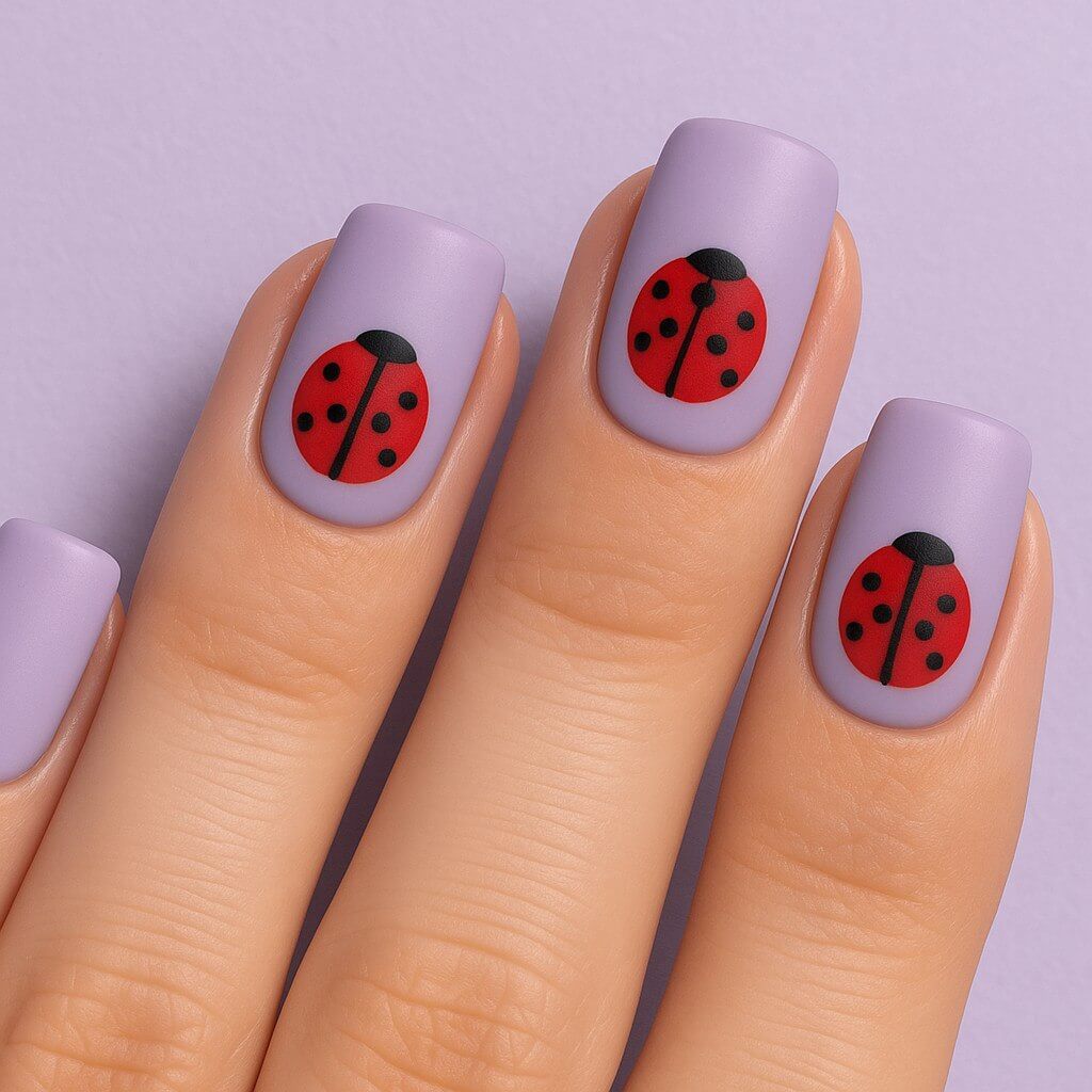 "Soft lavender square-shaped nails with bold red ladybug accents in a minimalist spring design, shown in a clean flat lay on a pastel background." 💅🐞🌸