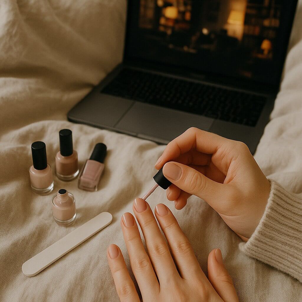 “Woman doing DIY short nail care on bed with blanket, nail tools, and soft lighting”