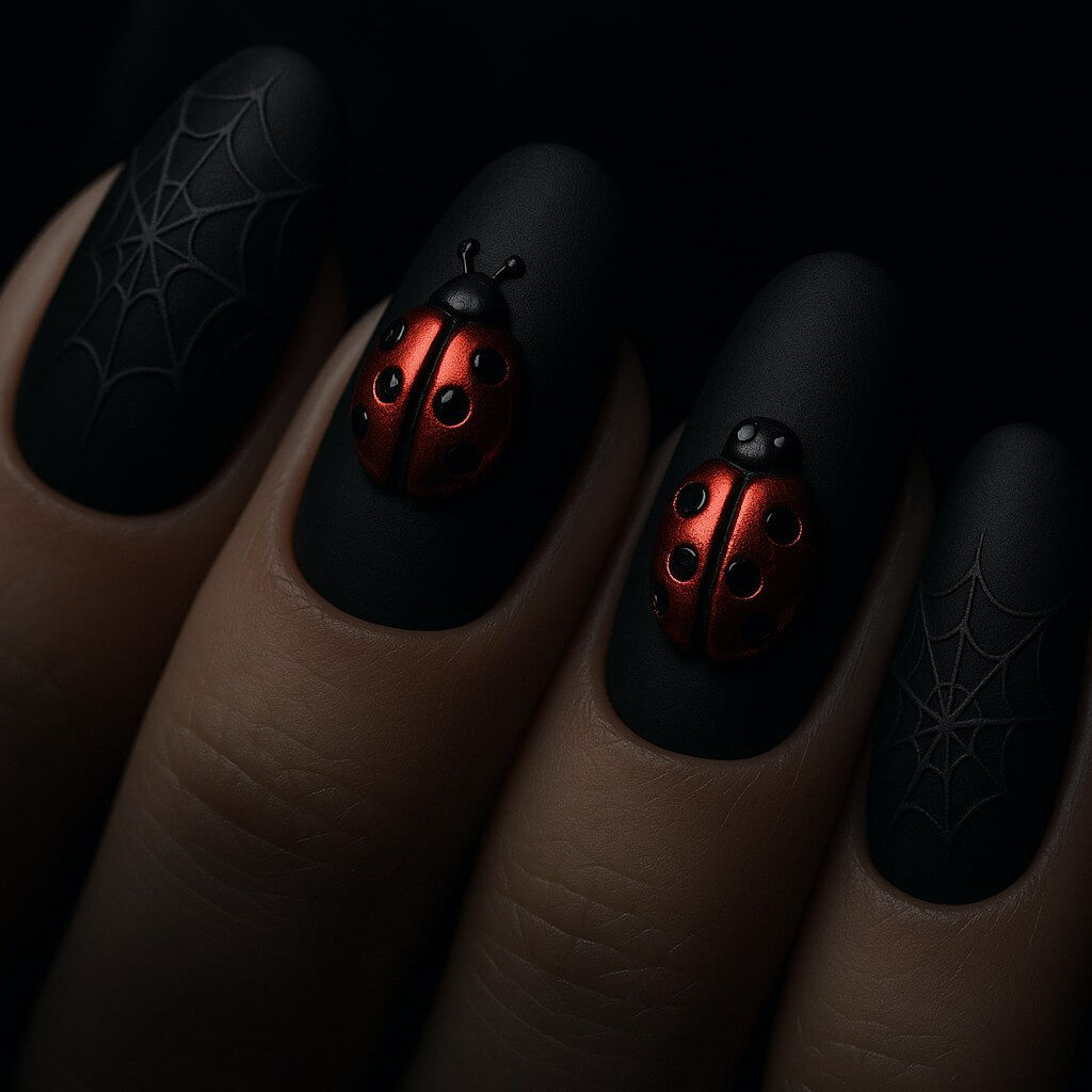 "Matte black nails featuring red metallic ladybugs and spiderweb accents in a gothic, Halloween-ready design, captured in edgy dark lighting with sharp macro detail." 🖤🐞🕸️