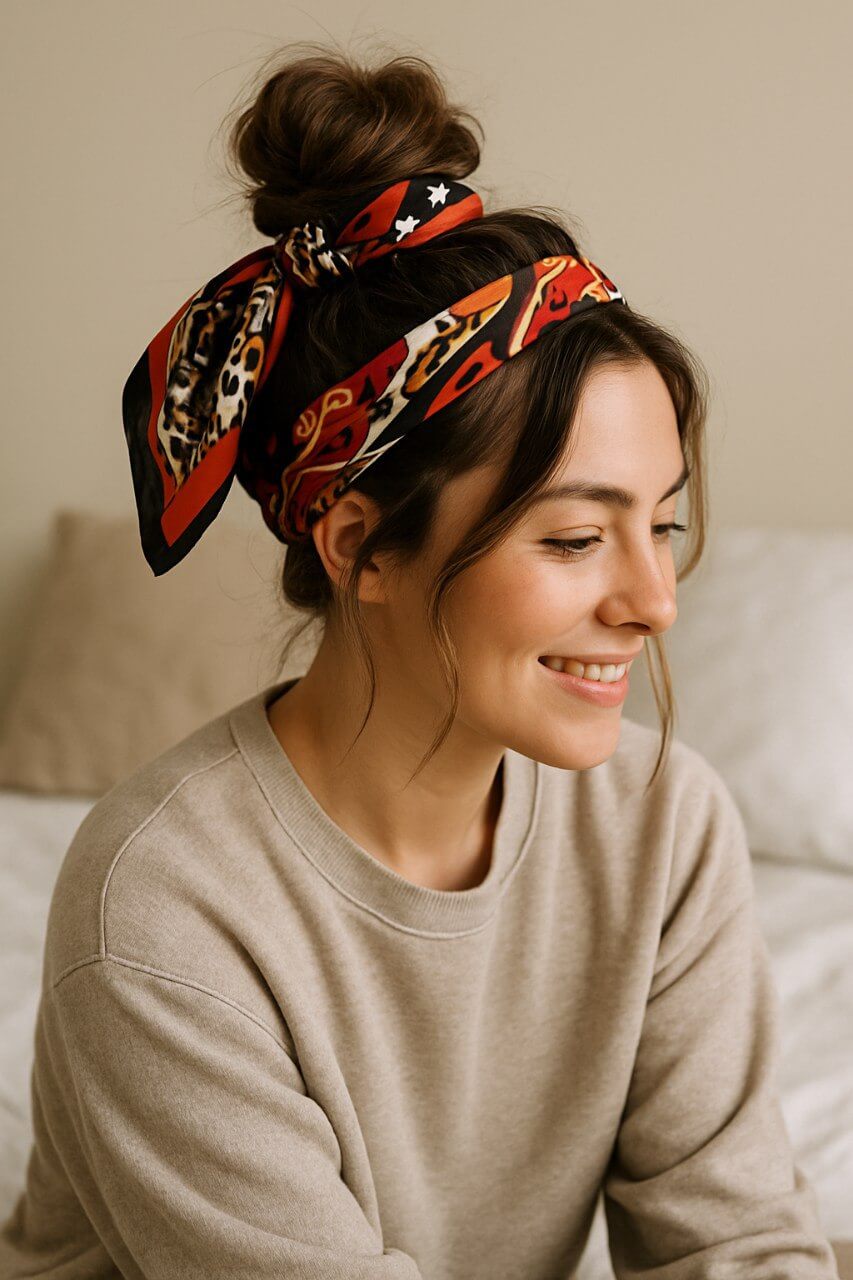 Messy top knot hairstyle with a bold printed bandana wrapped around the bun. Model in cozy loungewear sitting indoors with a relaxed vibe.