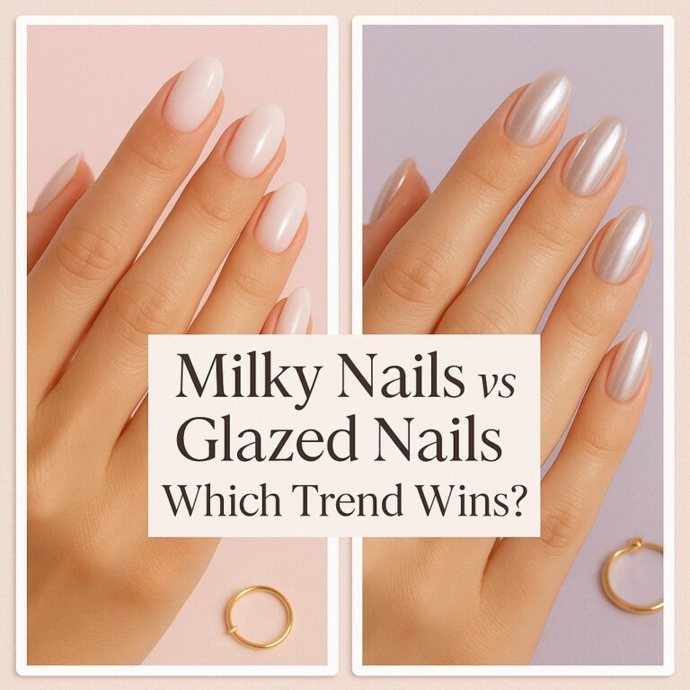 Pinterest-style collage showing milky nails vs glazed nails with pastel backgrounds and elegant text overlay – which nail trend wins"