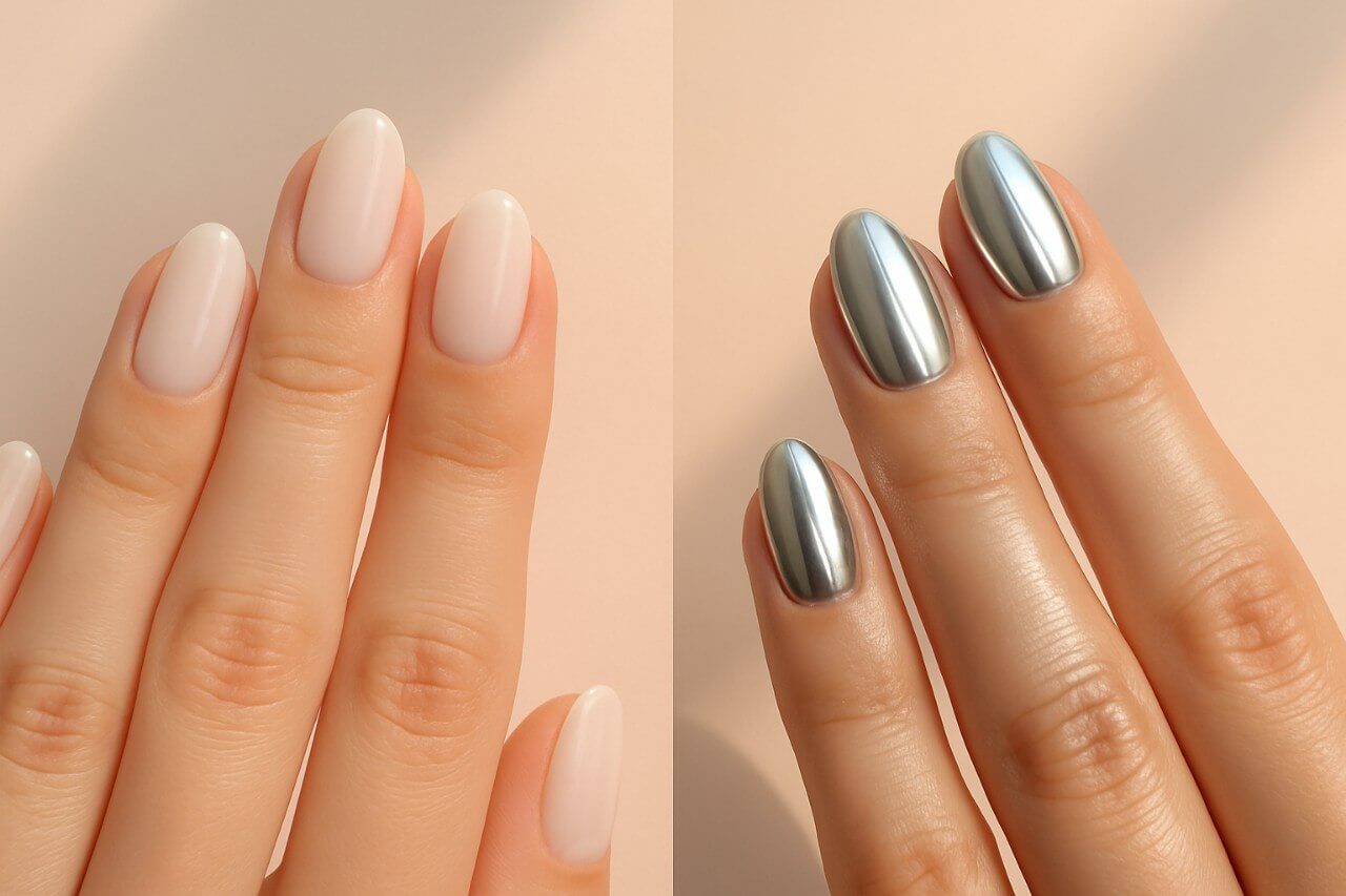 “Side-by-side comparison of milky white nails and chrome glazed nails on manicured hands”