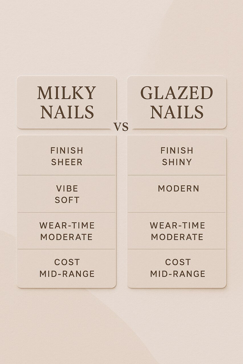 “Infographic comparing features of milky nails and glazed nails including finish, cost, and vibe”