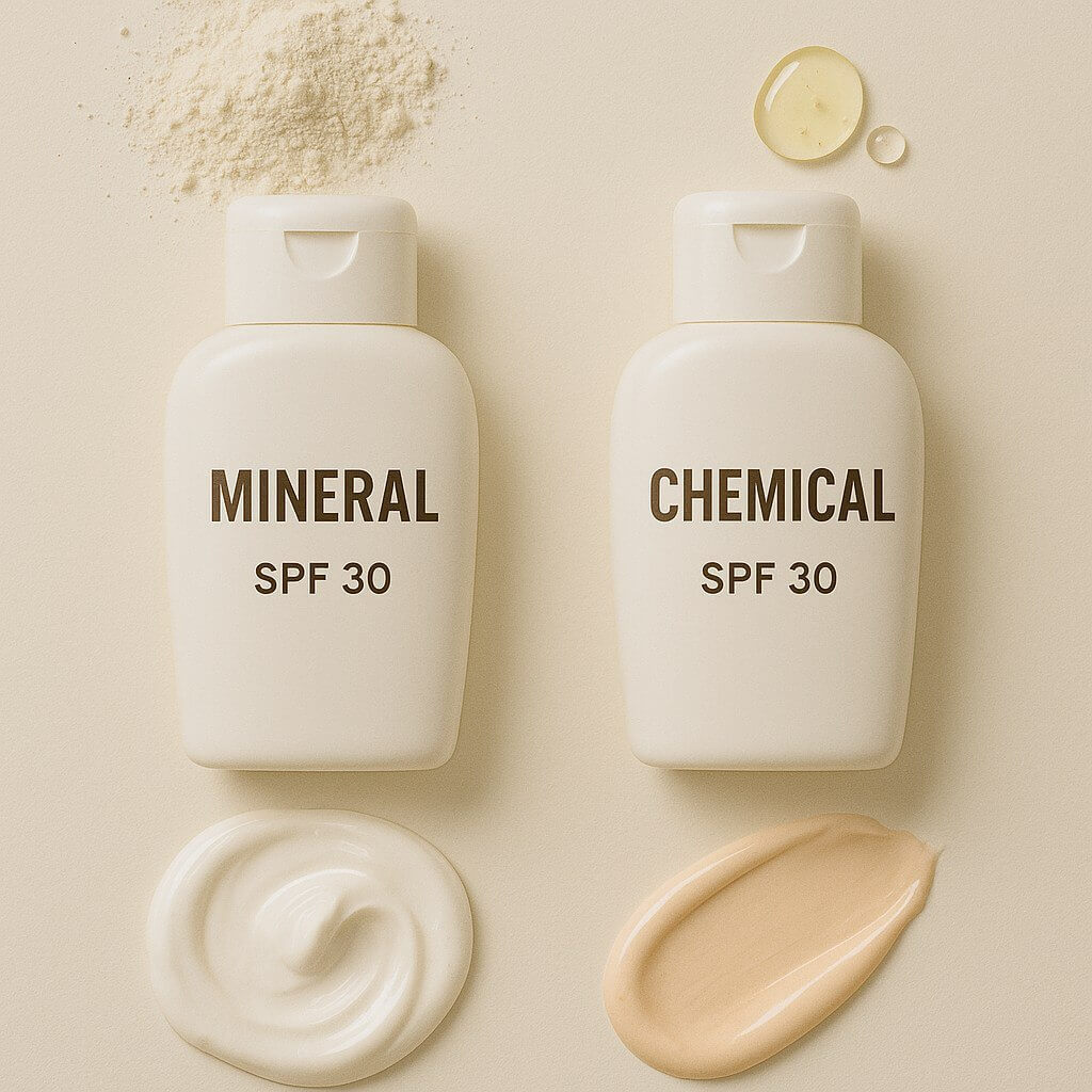 "Flat lay of mineral vs chemical sunscreen with ingredient labels and texture swatches. Side-by-side skincare comparison."