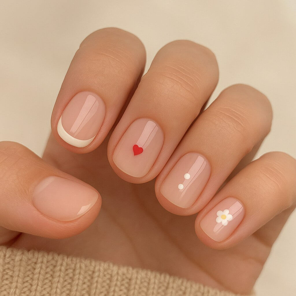 “Short nails with simple art — French tips, dots, hearts, and flowers”
