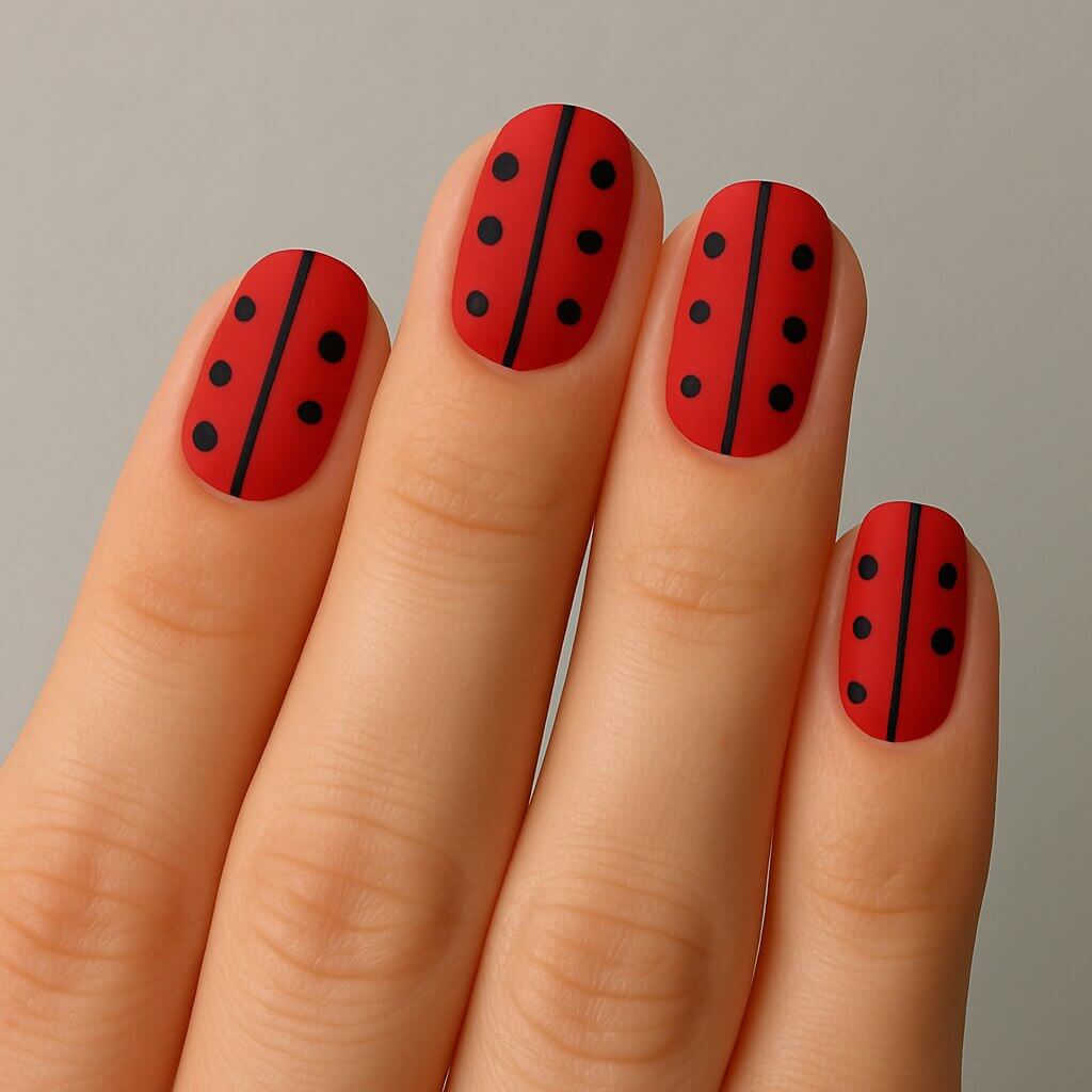 “Minimalist ladybug nail art featuring a solid red base with small black dots and a thin black center line on each nail, finished with a matte or glossy look.”
