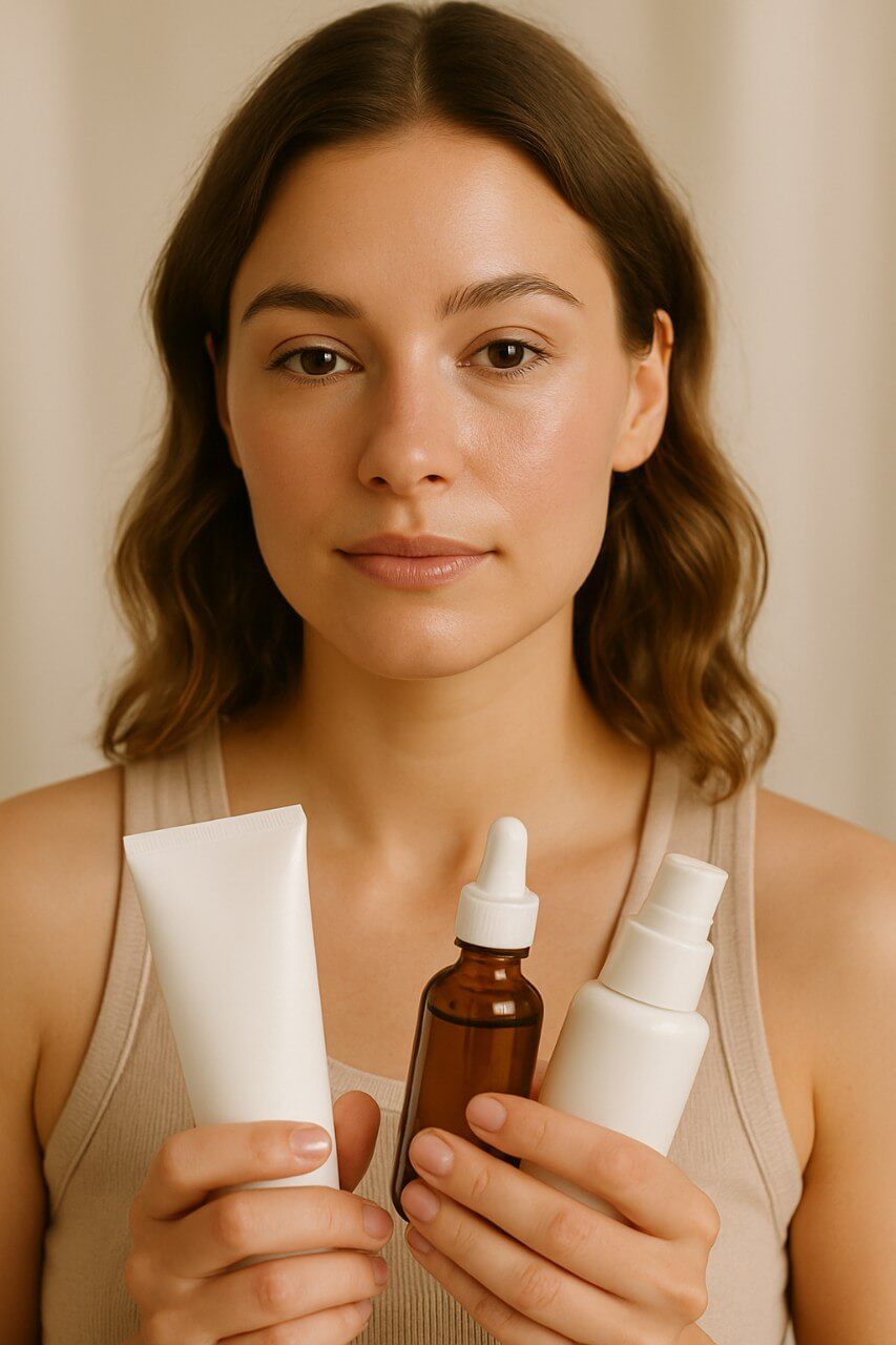 Close-up of a woman wearing minimalist makeup with dewy skin, subtle lip tint, and mascara, creating a fresh and natural beauty look.