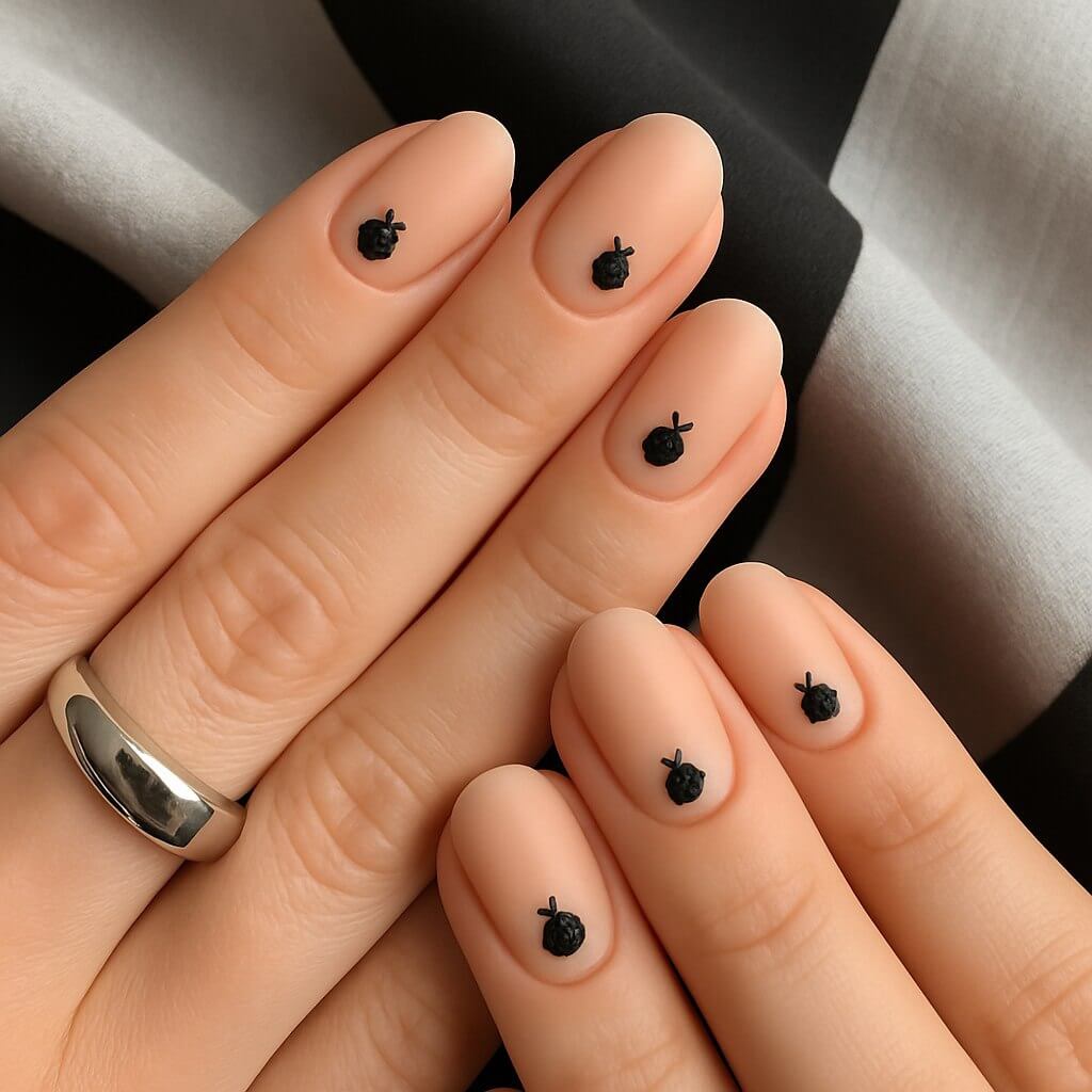 Minimalist nude nails with tiny black ladybug silhouettes, matte finish. Hands accessorized with a silver ring on a monochrome fabric background, showcasing a modern, chic style.