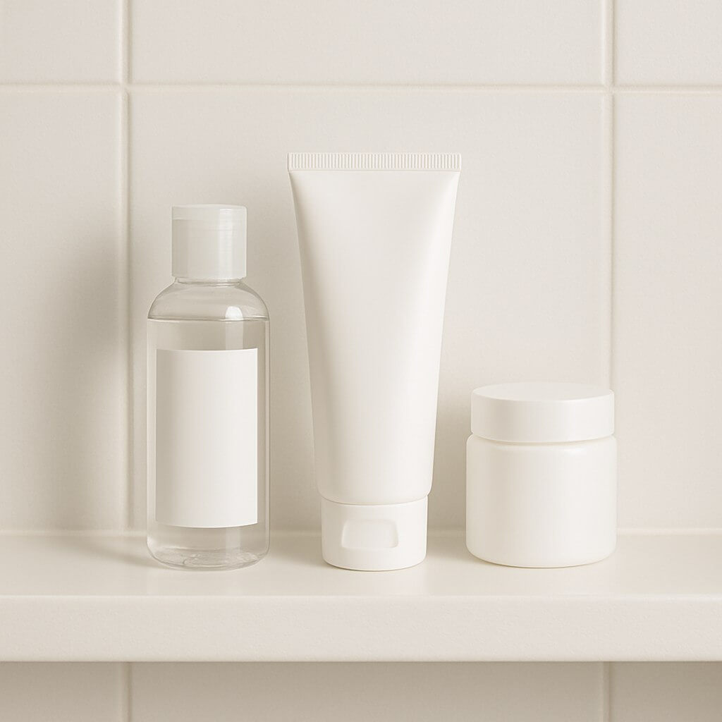 Minimalist skincare setup featuring a cleanser, moisturizer, and sunscreen arranged neatly on a clean bathroom shelf with white tones and natural lighting.