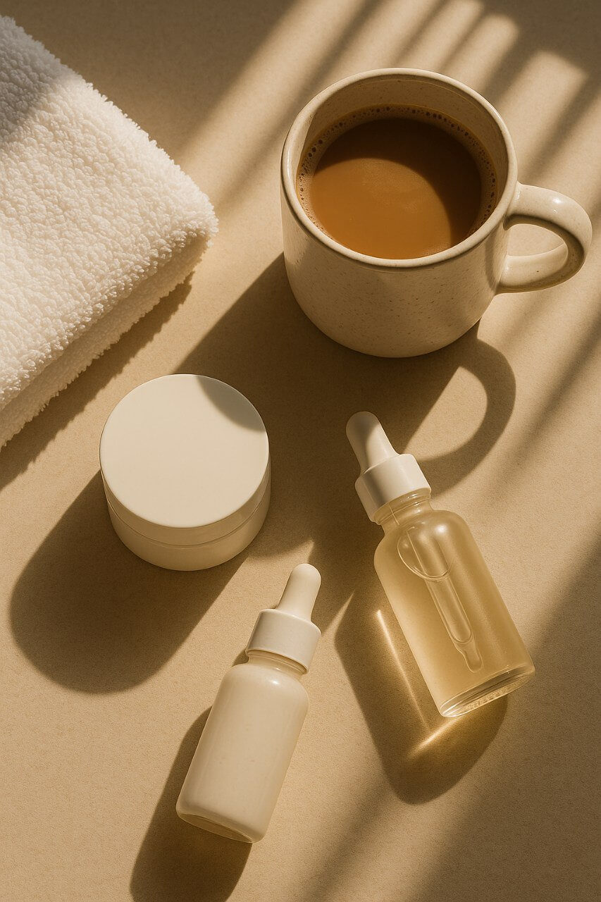 morning vs night skincare routine comparisonCozy morning flatlay with coffee, towel, and skincare products on vanity.