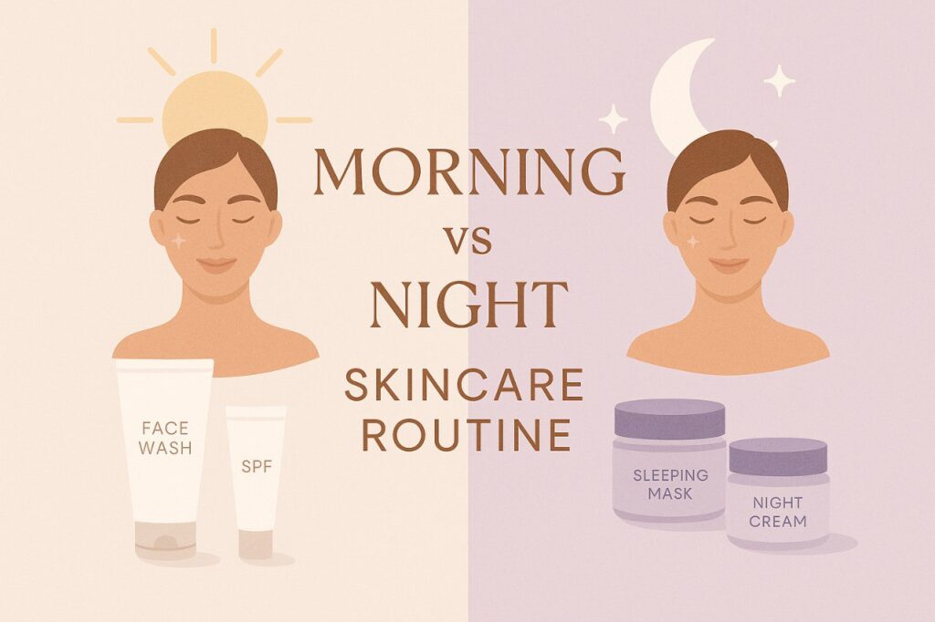 > "Collage image comparing morning vs night skincare routine with skincare products, sunlight and moonlight elements, and text overlay"
