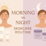 > "Collage image comparing morning vs night skincare routine with skincare products, sunlight and moonlight elements, and text overlay"
