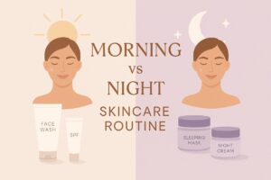 > "Collage image comparing morning vs night skincare routine with skincare products, sunlight and moonlight elements, and text overlay"