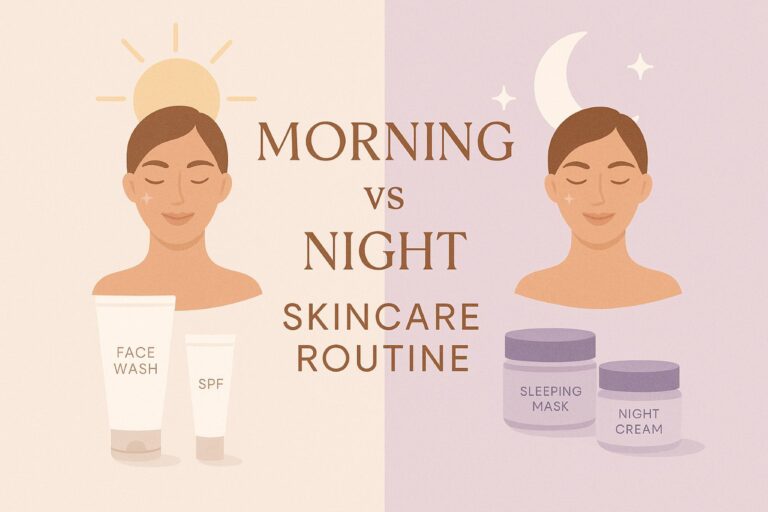 > "Collage image comparing morning vs night skincare routine with skincare products, sunlight and moonlight elements, and text overlay"