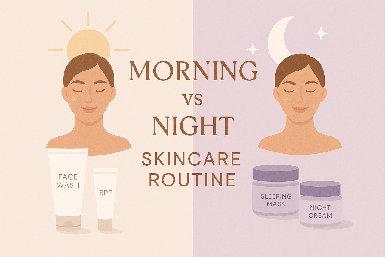 > "Collage image comparing morning vs night skincare routine with skincare products, sunlight and moonlight elements, and text overlay"