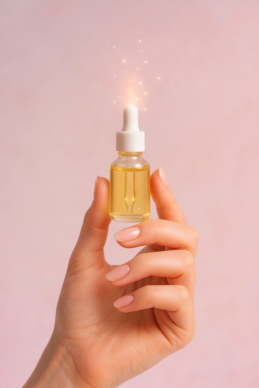 A mysterious feminine hand holding a small bottle of cuticle oil with a magical sparkle or glow, set against a pastel-toned background. Beauty tip vibe with a playful, secretive mood.