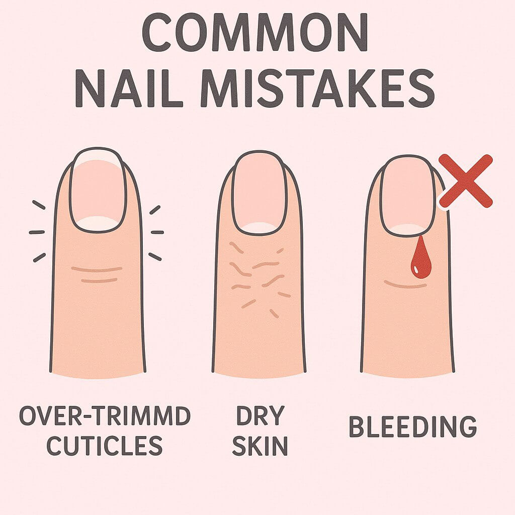 Meme-style image highlighting common nail care mistakes like over-trimmed cuticles, dry skin, and a bleeding finger, with red X marks for emphasis. Humorous yet educational tone on a soft pastel background.