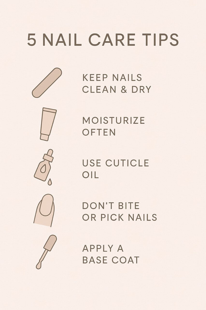 “Infographic with 5 essential nail care tips for long-lasting glossy manicures”