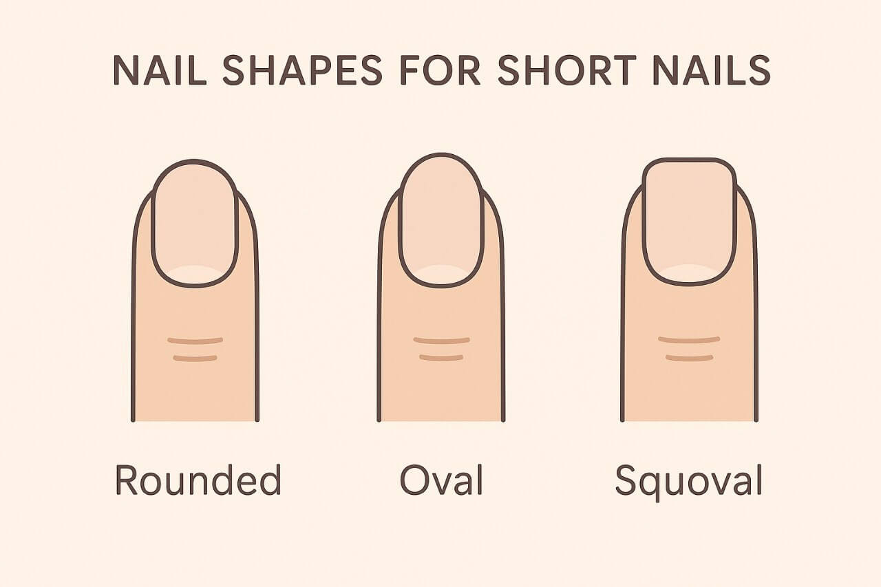 “Illustration showing best nail shapes for short nails — rounded, oval, and squoval”
