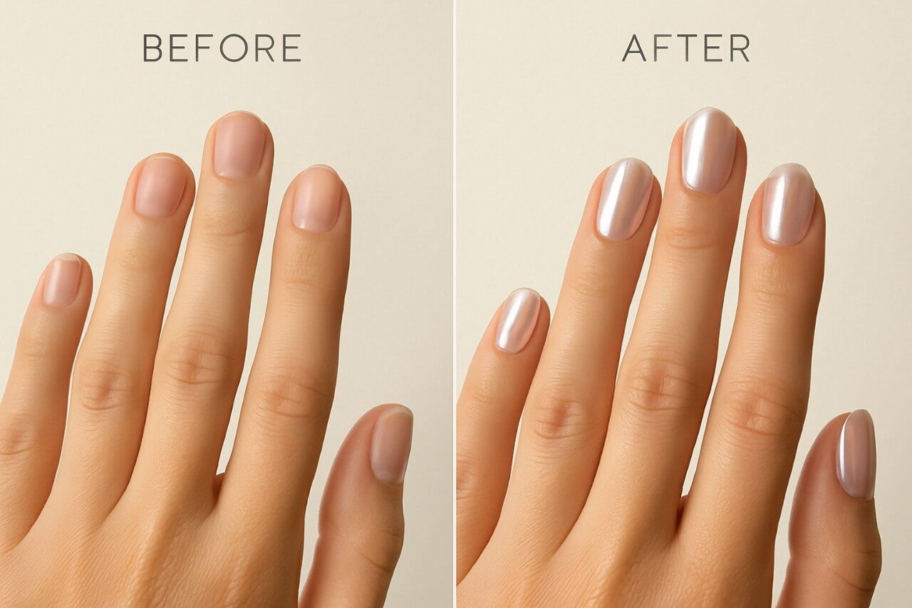 “Before and after photo of natural nails vs glazed nails showing manicure transformation”