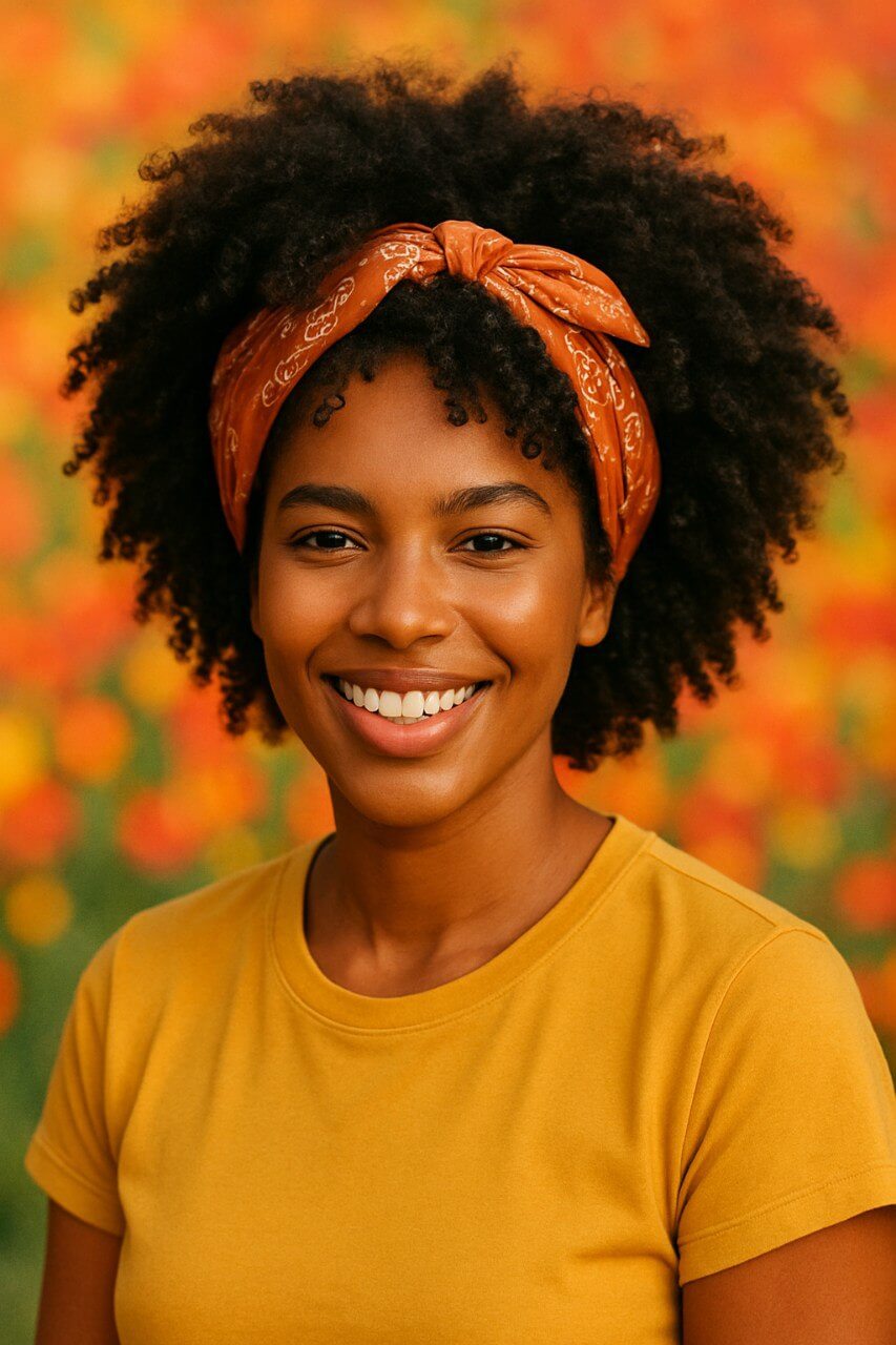 Black woman with natural curly hair styled with a wide cotton bandana headwrap. Confident expression with a colorful, empowering background.