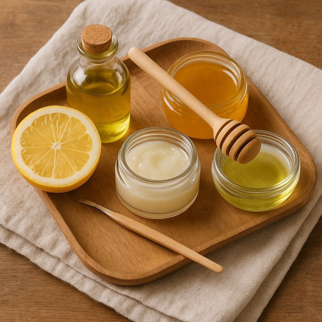Flat lay of natural home remedies for cuticles including lemon, honey, olive oil, and Vaseline in small jars, arranged on a wooden tray or towel. Cozy, vintage kitchen vibe with warm, natural lighting.