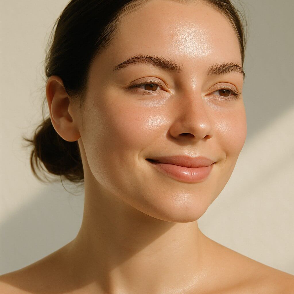 Glowing, makeup-free skin with a soft, dewy finish and peaceful smile.