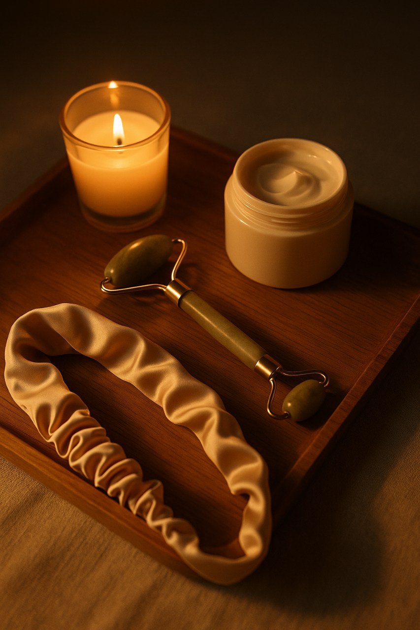 Relaxing nighttime skincare with moisturizer, jade roller, and candle glow on a wooden tray.