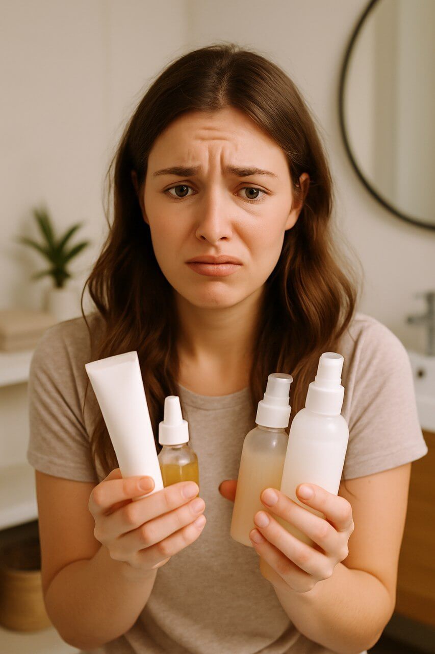 Woman looking confused while holding multiple skincare bottles and jars, standing in front of a bathroom mirror with a cluttered vanity.