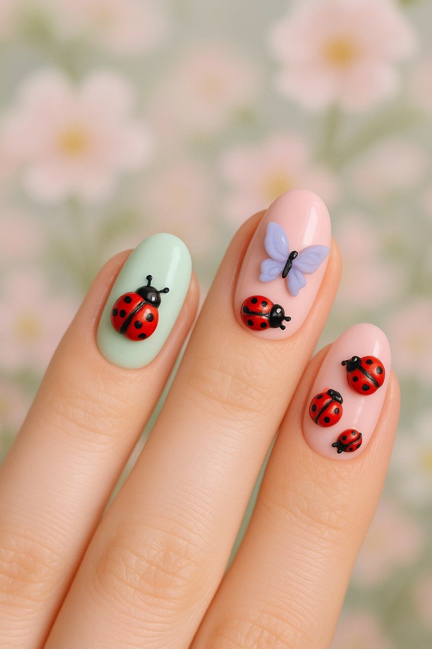 "Feminine nail art with tiny 3D ladybugs and butterflies on a soft pastel base, set against a dreamy floral background, perfect for whimsical spring or summer vibes." 🌸🦋🐞