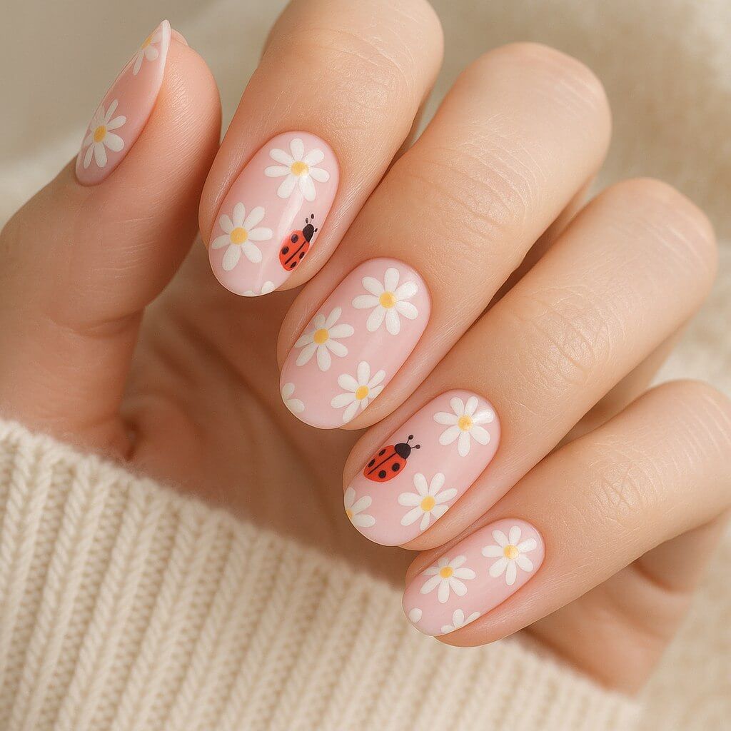 “Close-up of pink nails with white daisy flowers and tiny red ladybugs, featuring a soft spring aesthetic and delicate floral nail art design.”