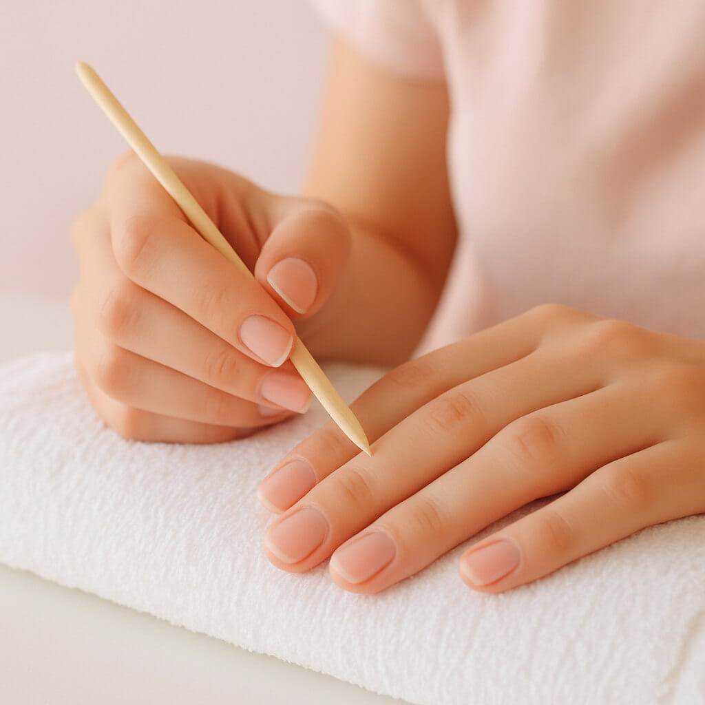 Macro shot of a dropper bottle applying cuticle oil onto fingernails and cuticles, with soft lighting and a feminine, pastel-toned aesthetic.