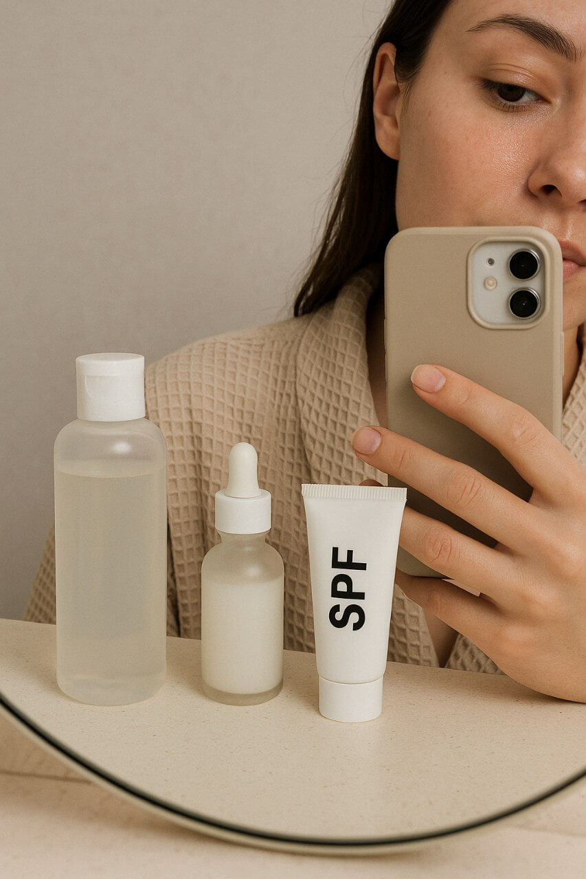 Flat-lay of actual skincare products used in a real morning routine.