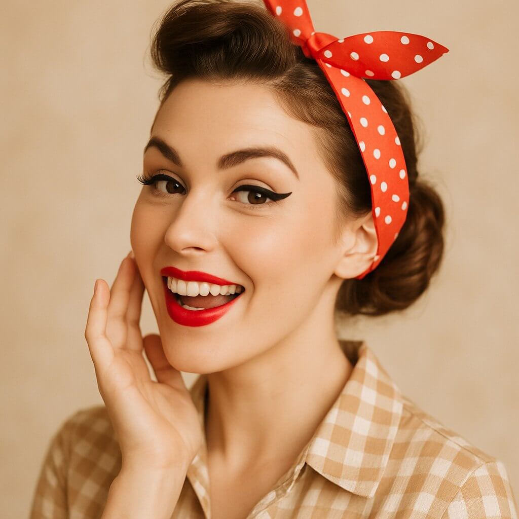 Vintage pin-up inspired hairstyle with a polka-dot bandana tied in a bow. Woman with red lipstick and winged eyeliner, styled in a playful 1950s retro look.