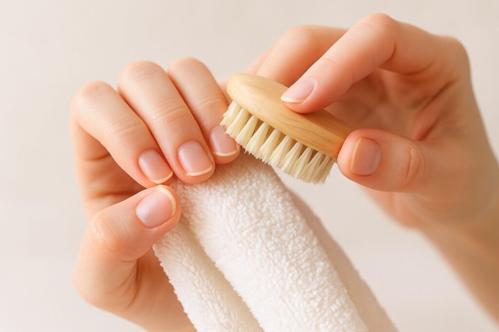 Close-up of hands gently scrubbing the cuticle area using a clean towel or soft brush, with a clean background, soft focus, and natural lighting for a fresh, minimalist look.