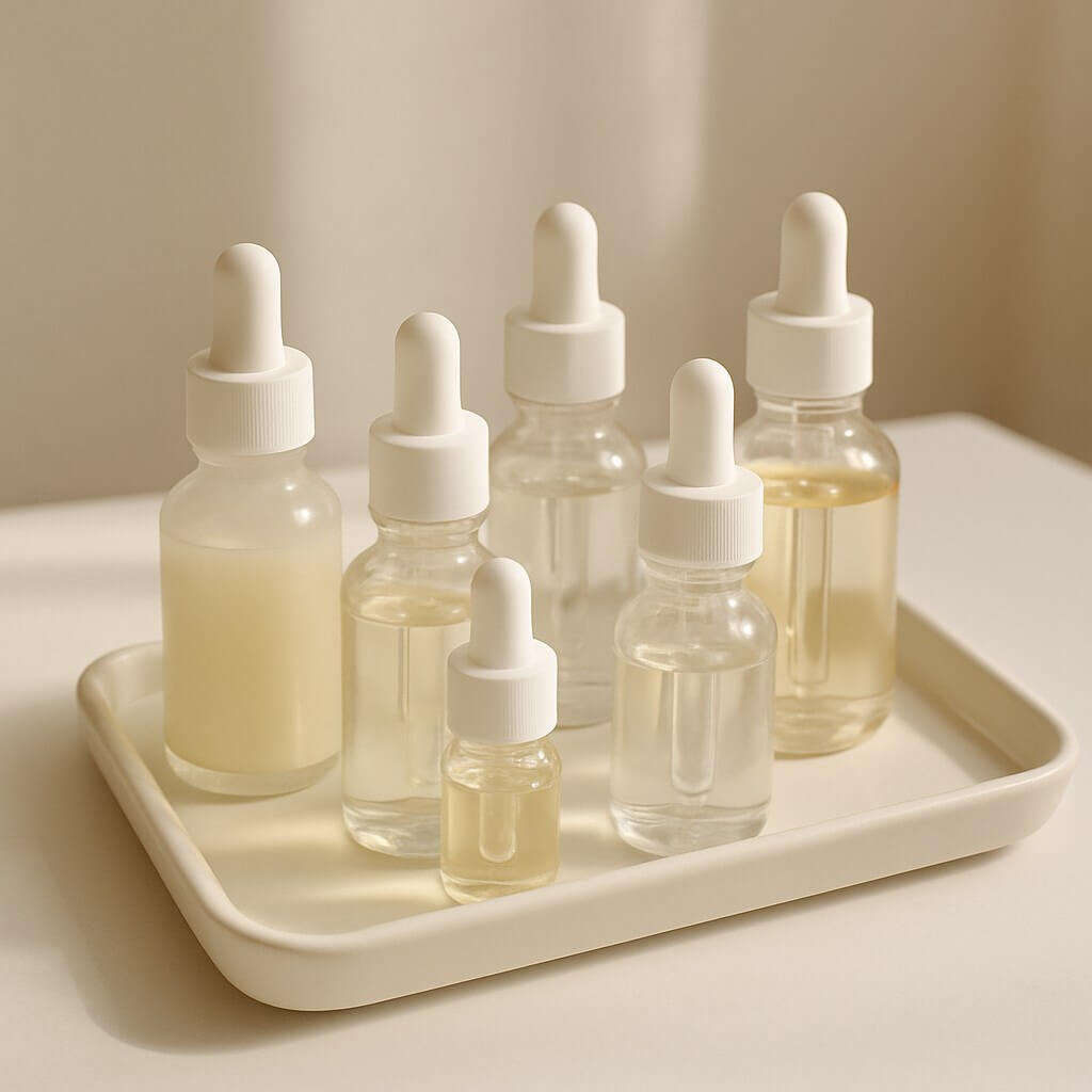 Skincare tray with various facial serums and droppers.