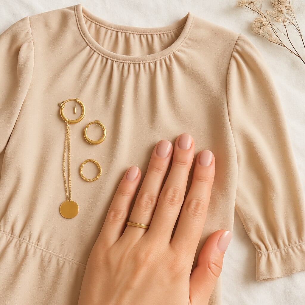 “Flat lay of outfit with matching nude short nails — pastel feminine vibe”