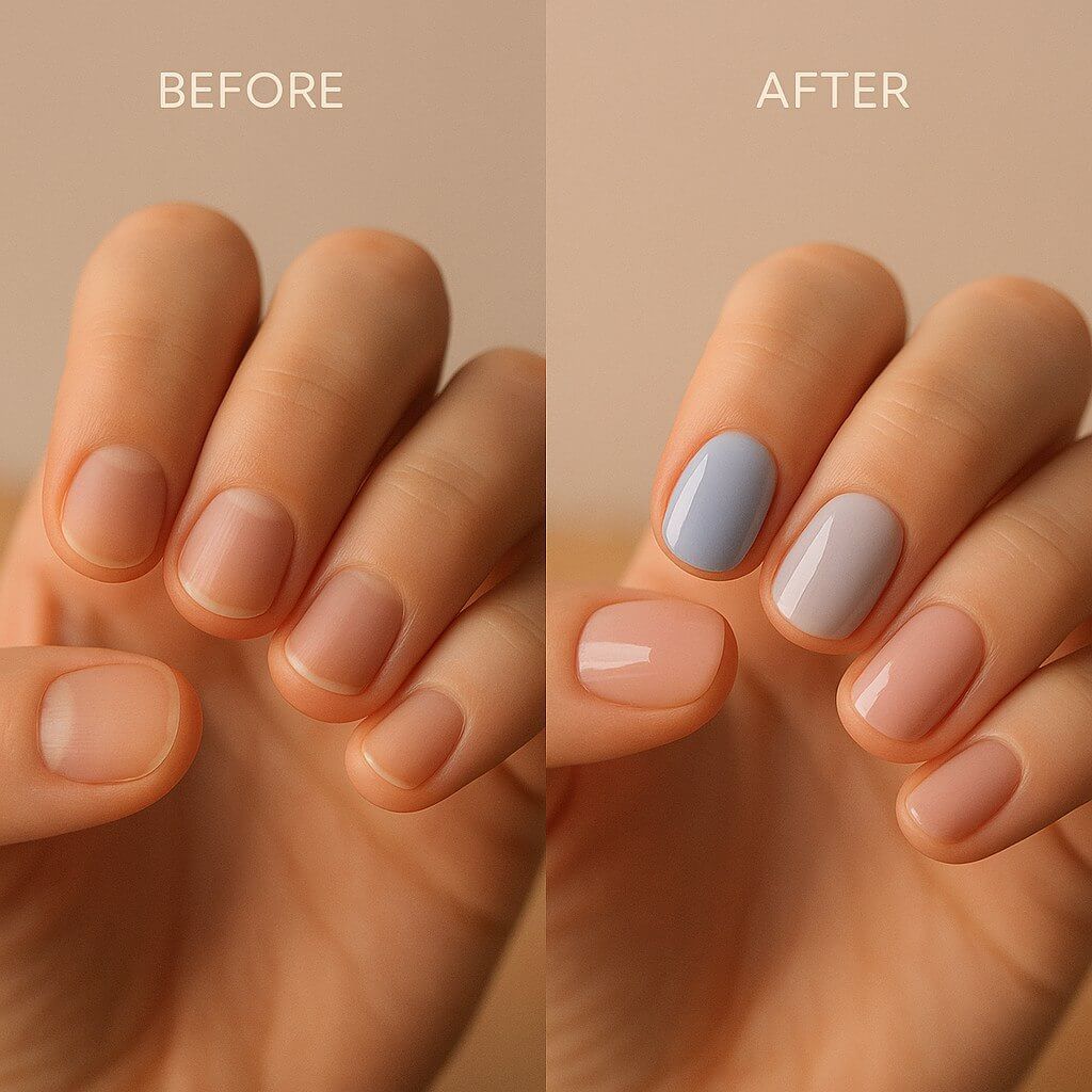 “Before and after showing short nails without polish and with glossy pastel polish”