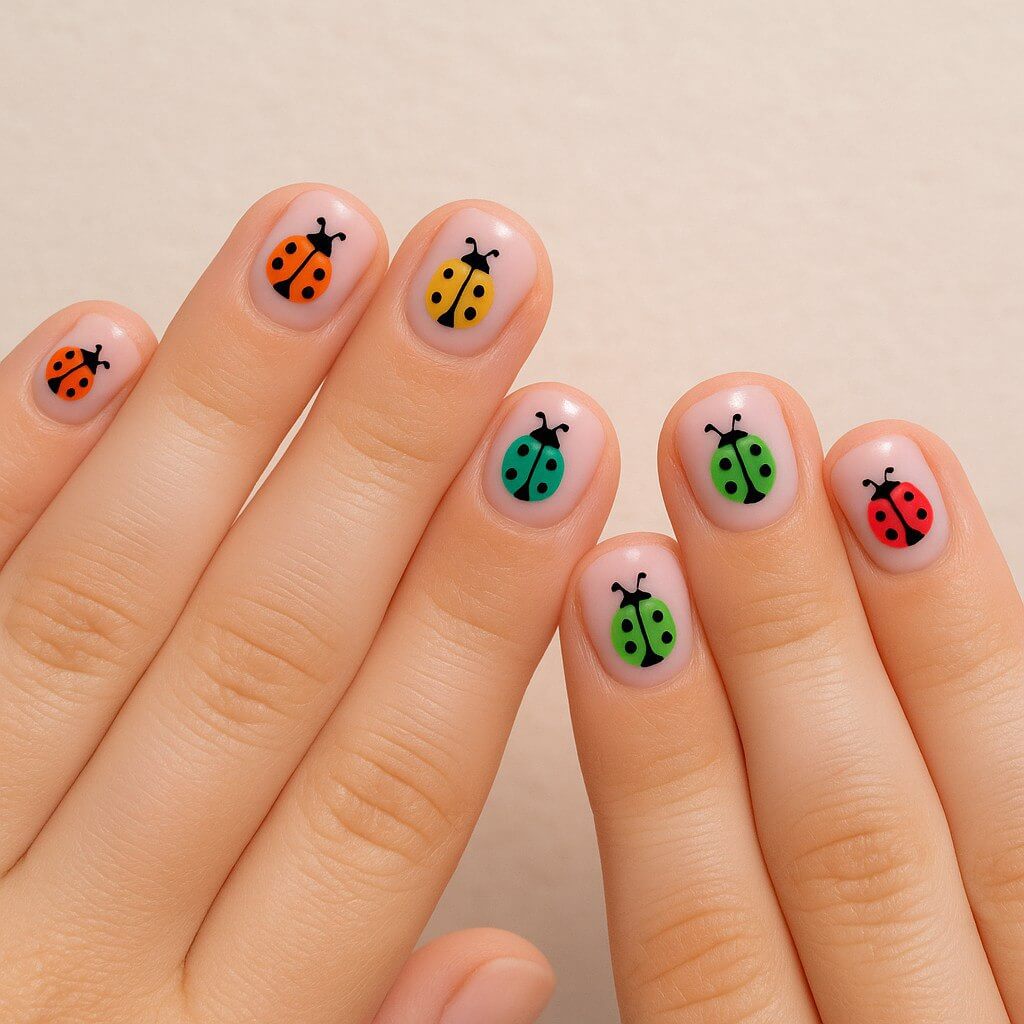"Short nails with colorful cartoon-style ladybug stickers on a baby pink or soft mint base, creating a playful and beginner-friendly design perfect for kids." 🐞💅🌈