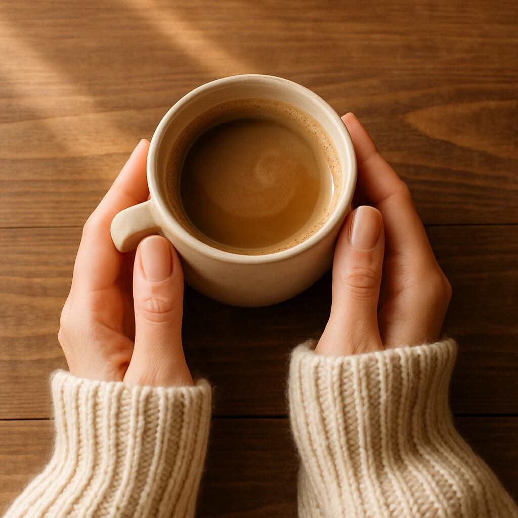How to Make Short Nails Look Elegant “Woman with elegant short nude nails holding a coffee mug — cozy morning vibe