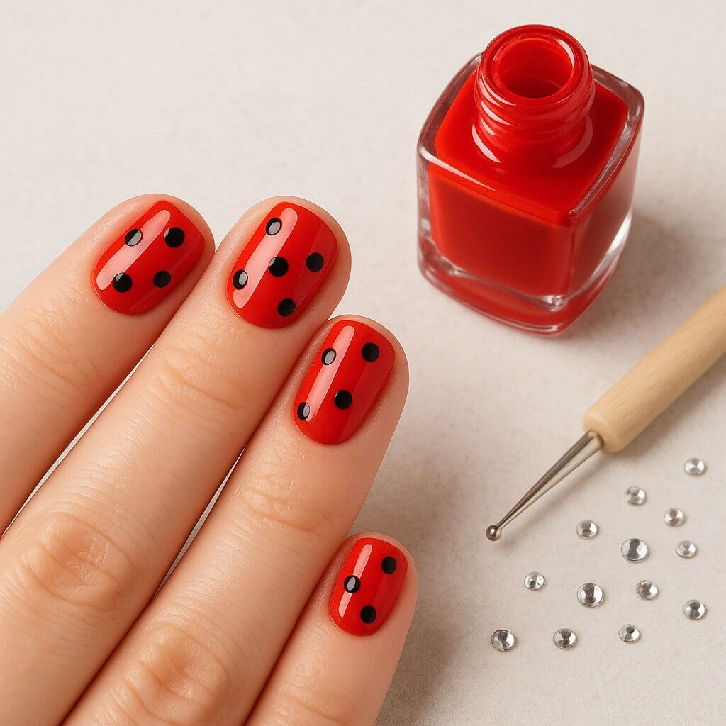 "Short nails with glossy red polish and playful black dots, surrounded by a DIY nail art setup including a dotting tool, open polish bottle, and scattered rhinestones"