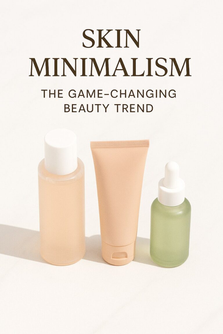 Minimalist skincare products on a white vanity with text overlay 'Skin Minimalism: The Game-Changing Beauty Trend' in soft aesthetic tones.