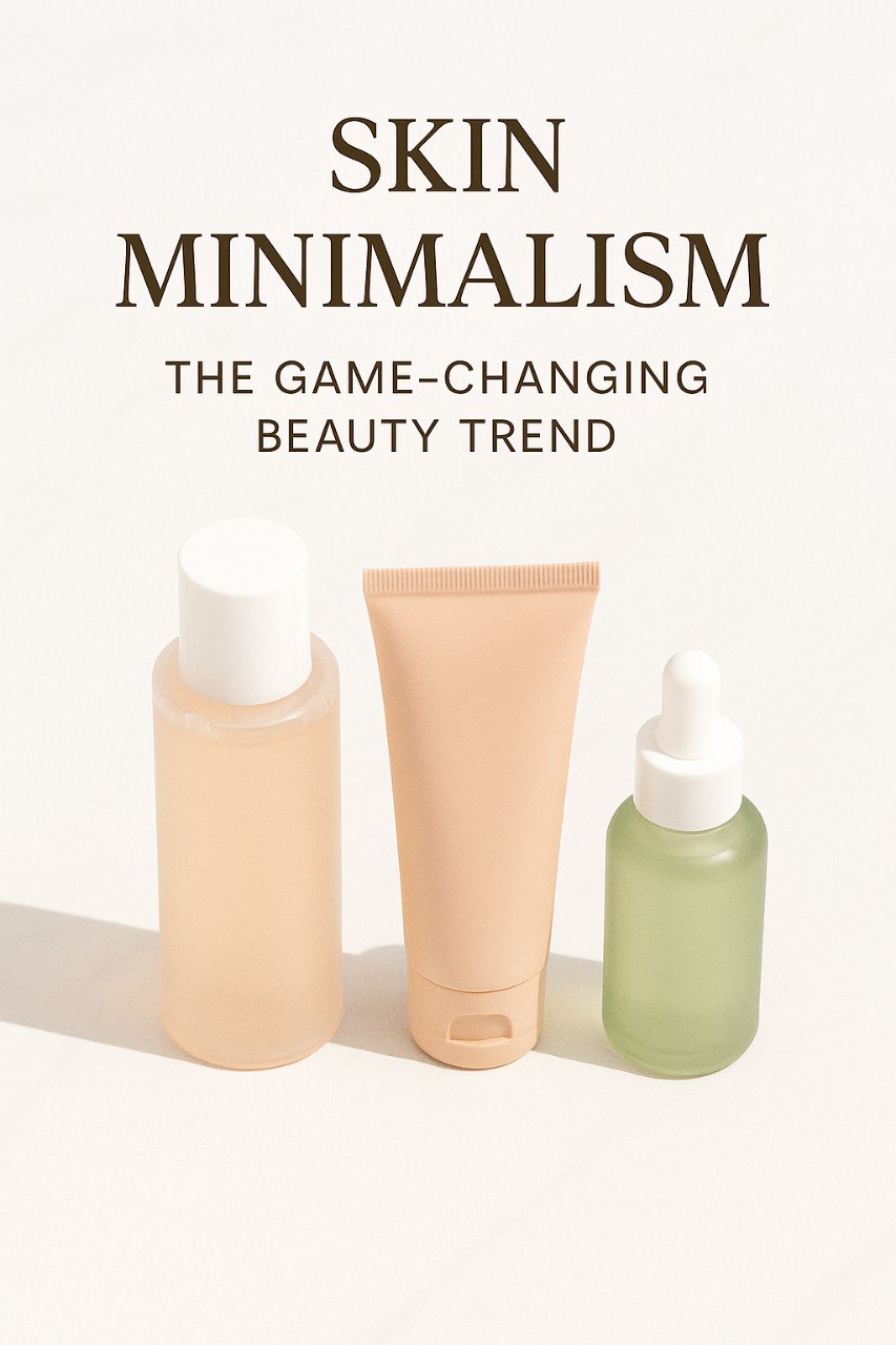 Minimalist skincare products on a white vanity with text overlay 'Skin Minimalism: The Game-Changing Beauty Trend' in soft aesthetic tones.