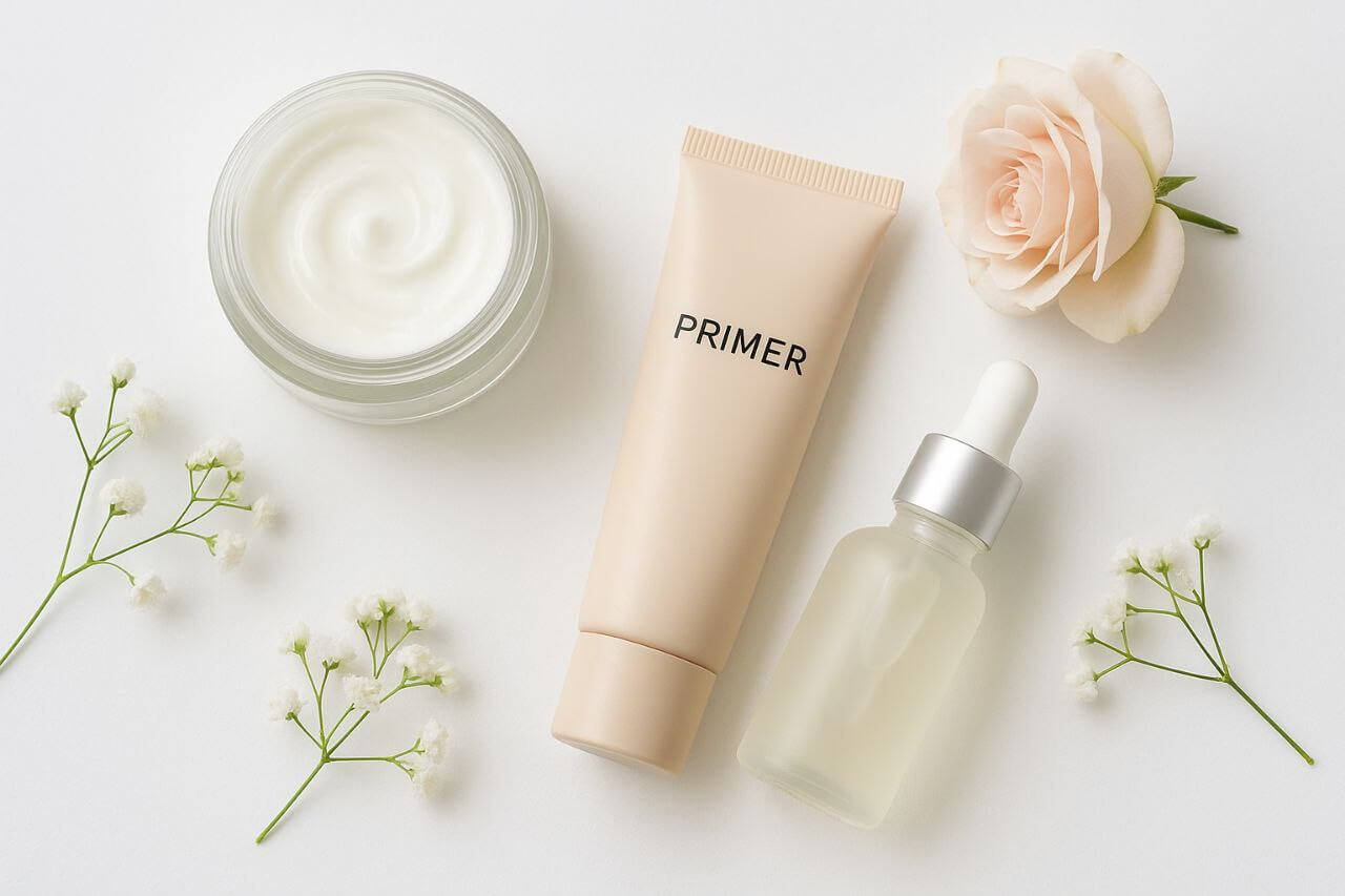 No-Foundation Makeup Hacks
Skin preparation products including moisturizer, primer, and serum