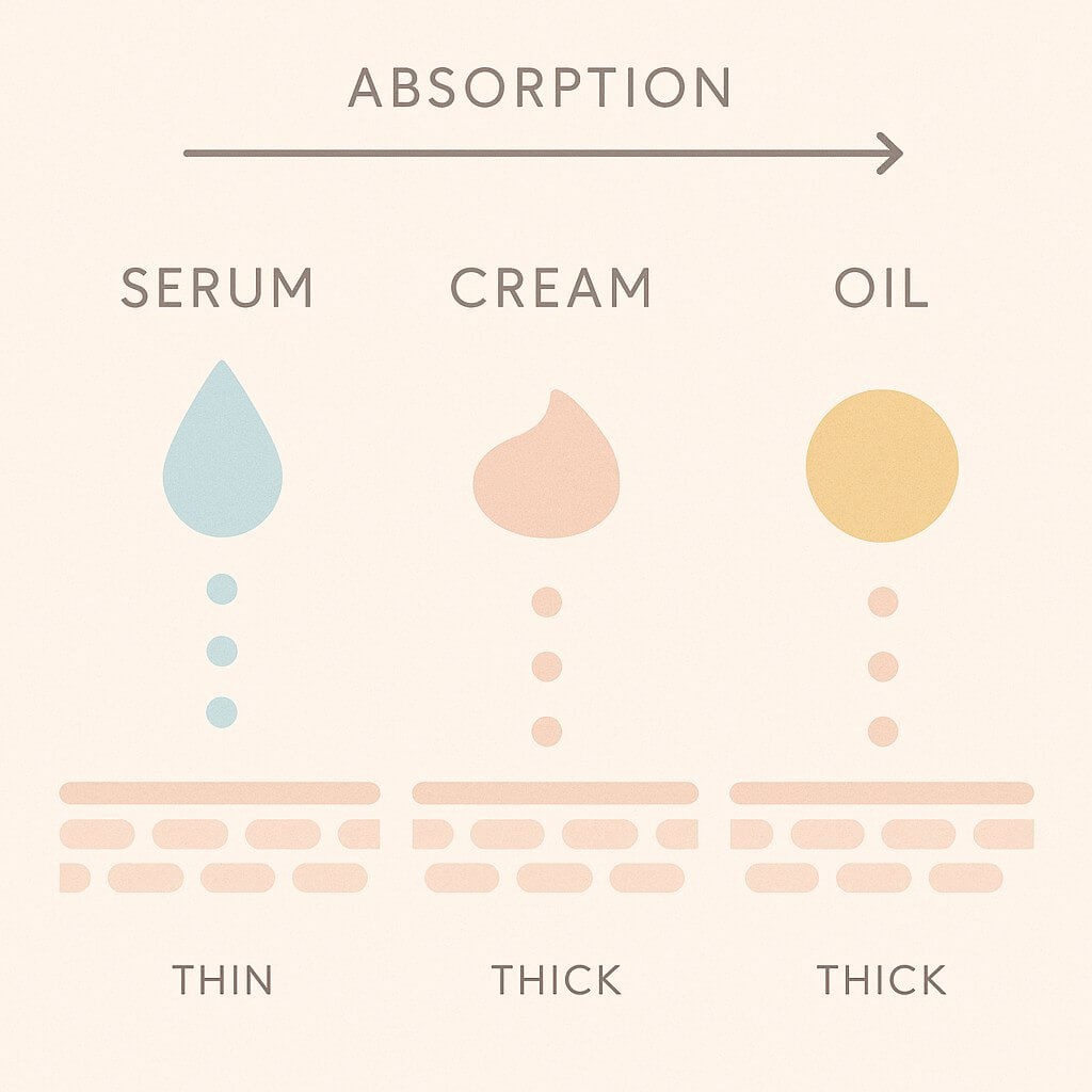Infographic showing skincare product absorption from thinnest to thickest texture.